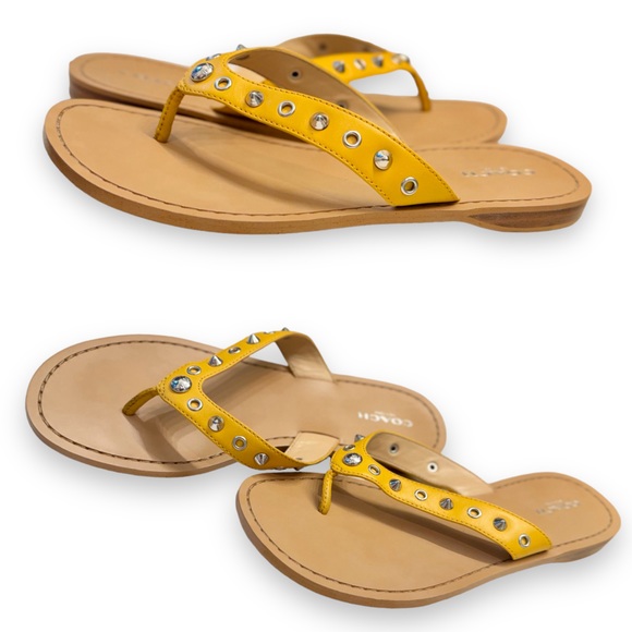COACH Cottage Yellow Leather Silver Studded Sandals • Women’s Shoes Flip Flops - Picture 14 of 17